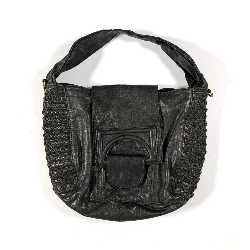 Monserat De Lucca Large Black Leather Shoulder Bag Slouchy Boho Tote Y2K Purse